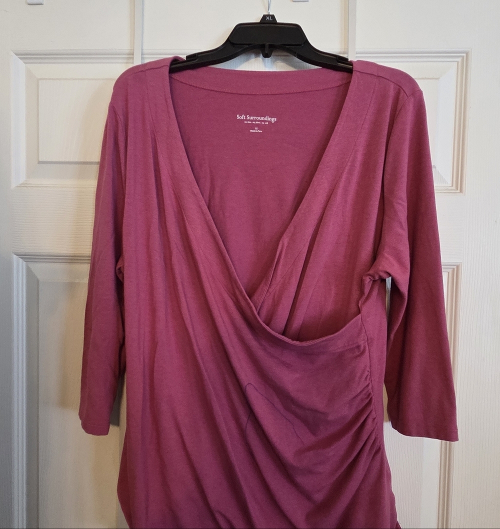 Soft Surroundings Alyssa Knit Top Faux Wrap Blouse Plus 1X 3/4 Sleeve V-neck